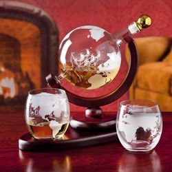 Whiskey Decanter Set w Globe Etched Glasses