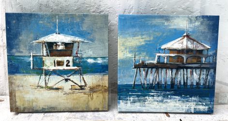 Pair Of Beach Theme Paintings 16”x16”