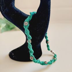 9" Green Hemp Handmade Macrame Anklet Bracelet with Silver Ball Beads and Barrel Twist Closure. Twisted rope design. New! Makes a great holiday Christ