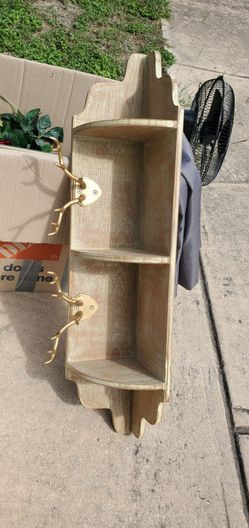 Wooden Corner Shelf with Gold Hooks