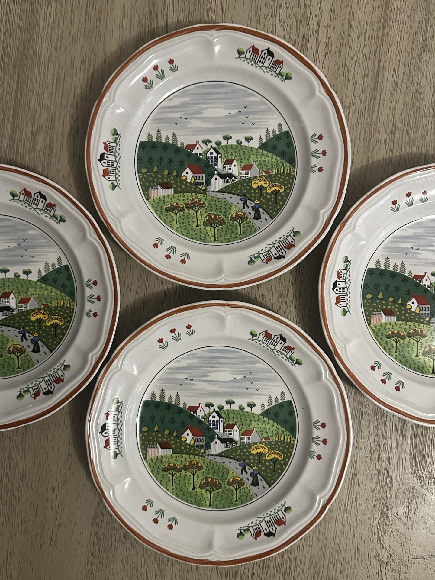 Vintage Newcor Country Village 8" Dessert Plates Japan Set of 4 Oven to Table