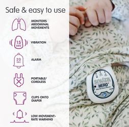 Portable, Wearable Baby Abdominal Movement Monitor with Vibration and Alarm. Safer Sleeping for Infants - SNUZA Hero