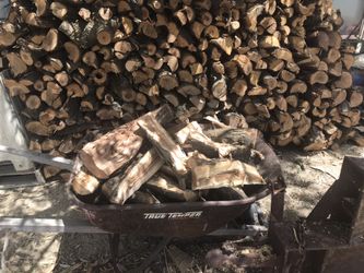 Wheelbarrow of split almond firewood