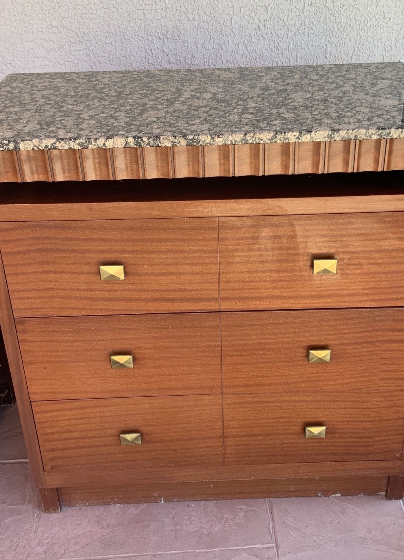 TALL DRESSER/ TV STAND CF KENT CO - GRANITE TOP W/3 DRAWERS Granite Top Has hole in back for cables. Space for DVD player or cable box, etc. Great