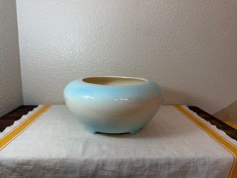 Vintage ceramic ombré turquoise and white footed planter with crackle glaze Rare