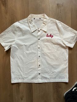 Custom button up shirt “lucky” rhinestone sz largeh