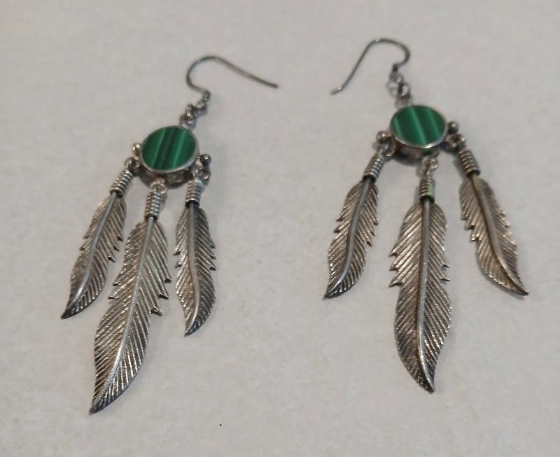 Vintage Malachite Heavy Sterling Silver Feather Dreamcatcher Earrings