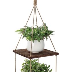 New Hanging Plant Shelf 2 Tier Wood Planter Hanger Pot Holder with Jute Indoor Brown Rustic Decorative Wooden Flower Rack Succulents Shelves Outdoor f
