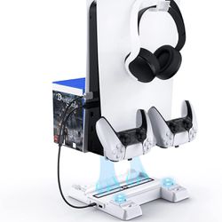 PS5 Vertical Stand with Headset Holder, Multifunctional Stand with Cooling Station and Game Storage, Dual Controllers Charger, Headphone Stand, for Pl
