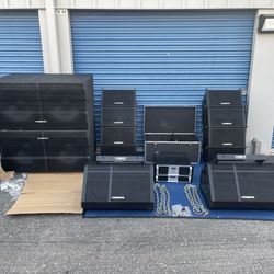 Line array speakers, two dual 18" subwoofers, 2 monitor speakers, amplifiers and accessories.
