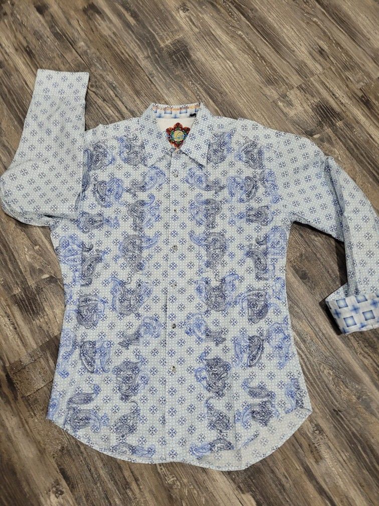 Robert Graham Shirt Mens 2X blue Paisley Floral Shape Button Up Classic. Exc. Condition