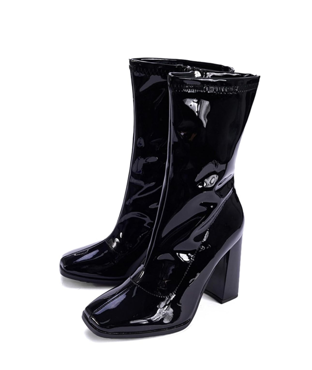 Women’s Shiny Leather High Heel Ankle Boots Chunky Heels Pointed Zipper Mid Calf