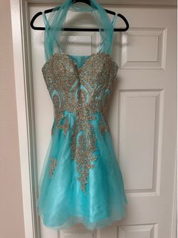 Teal Short Formal Dress with Gold Embroidery