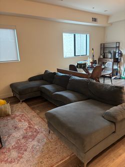 Green Midcentury Double Chaise Sectional Couch