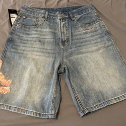 Baggy denim jorts embroidered sakura tree