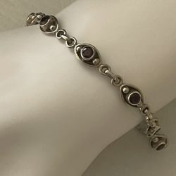 Nicky Butler Sterling Silver Garnet Bezel Set Oval Bead  Link Bracelet 7.25”