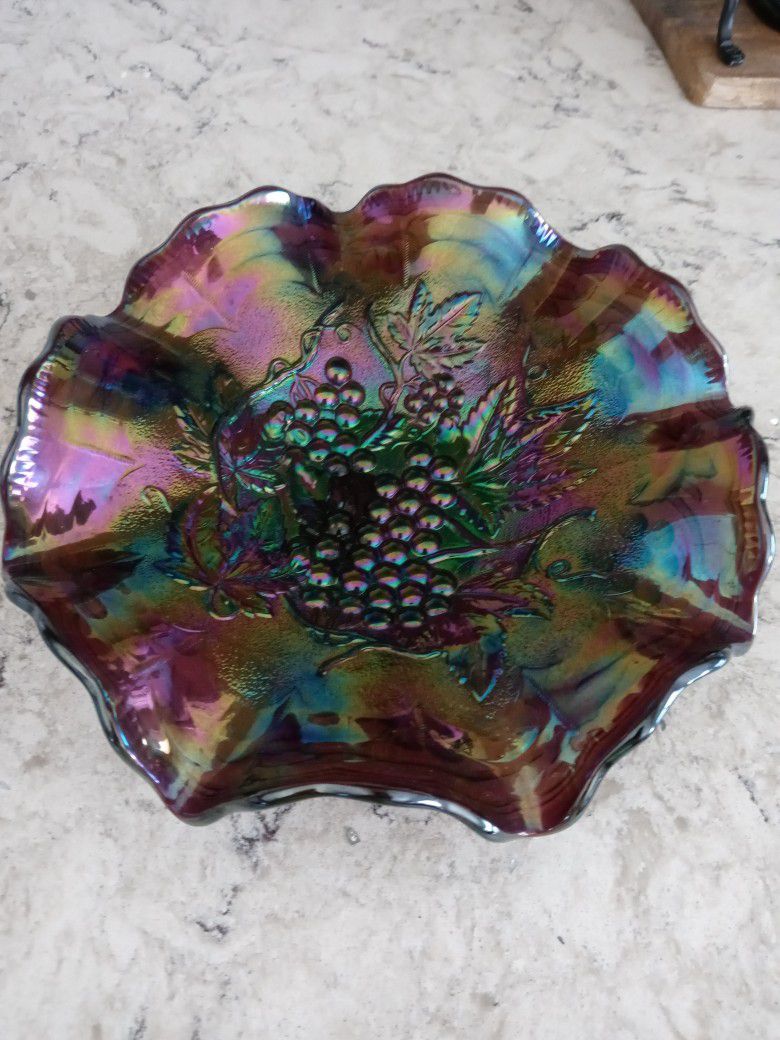 Vintage Carnival Glass Shallow Bowl. Purple Tones Grapes. Fluted Scalloped Edge. 8 In Diameter. Must Pick Up. Deer Valley 67th Avenue