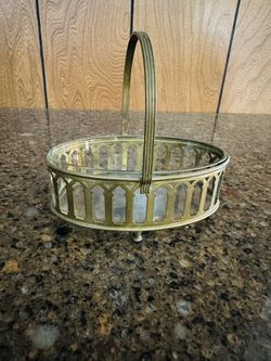 Antique Footed Brass & Glass-Lined Oval Basket, Made in Germany
