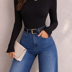 New Black Ribbed Long Sleeve Bodysuit XL | Fitted Mock Neck Stretch Top - NWOT