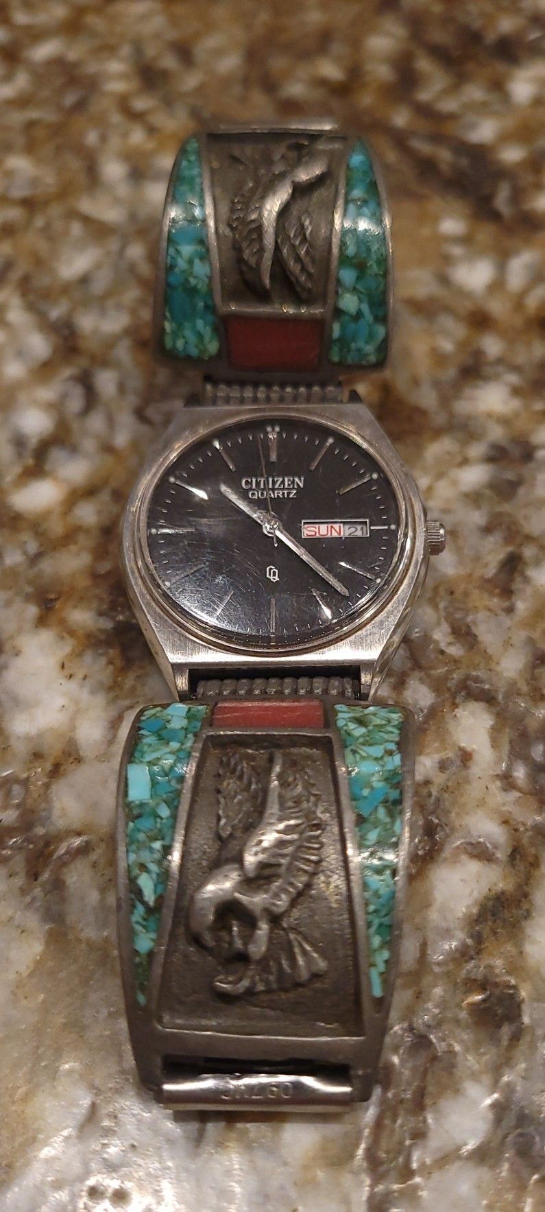 Custom Made Citizen Watch w/ Inlaid Turquoise & Coral