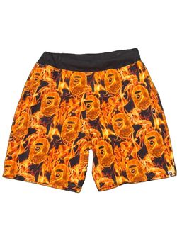 A Bathing Ape BAPE FLAME Sweat Shorts XL Flame Ape Head All Over Print Orange