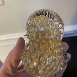 FM Konstglas Romney “ Pippi” Bird Gold Leaf , Clear Bullicante Glass Bird Sculpture Paperweight , Swedish, Josef Marcolin