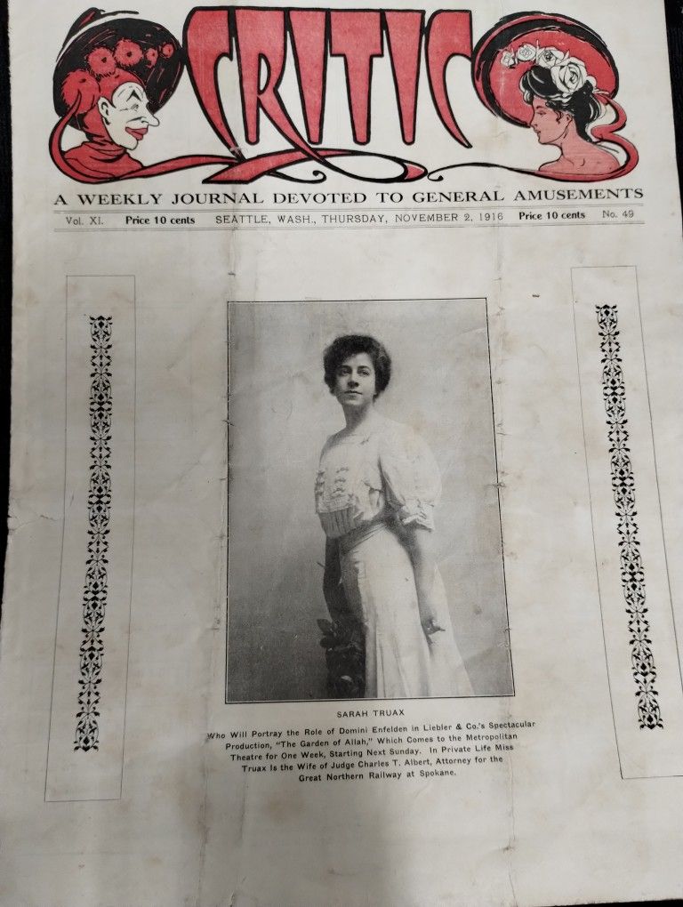1916 Critic magazine/paper, Nov. 2 & 9, "A Weekly Journal Devoted to General Amusements", Seattle