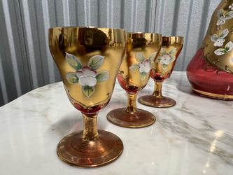 Bohemia Glass Decanter set with 6 cordial glasses Ruby Red And Gold