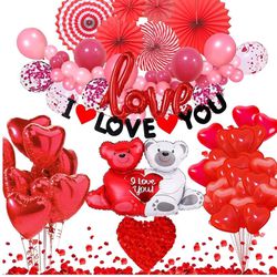 Valentines Day Party Decorations - Valentine's Day Decorations Set Including I Love You Banner, Paper Fans, Red Silk Rose Petals, Teddy Bear Balloon,