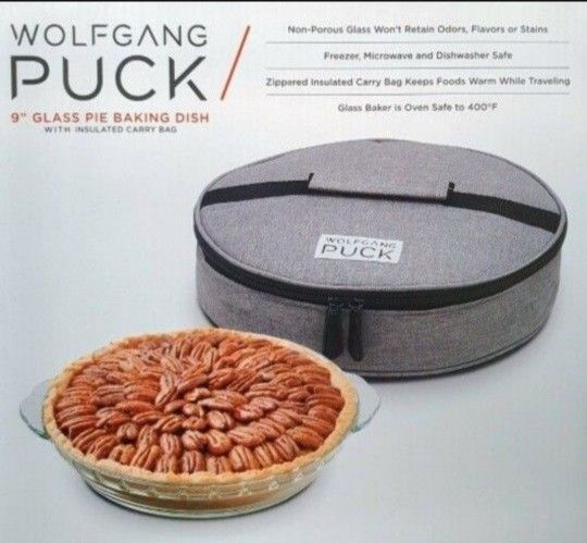 New! Wolfgang Puck 9" Glass Pie Baking Dish & Insulated Carrying Bag