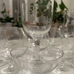 Mid century Noritake Etched Atomic Starburst Crystal Glassware 