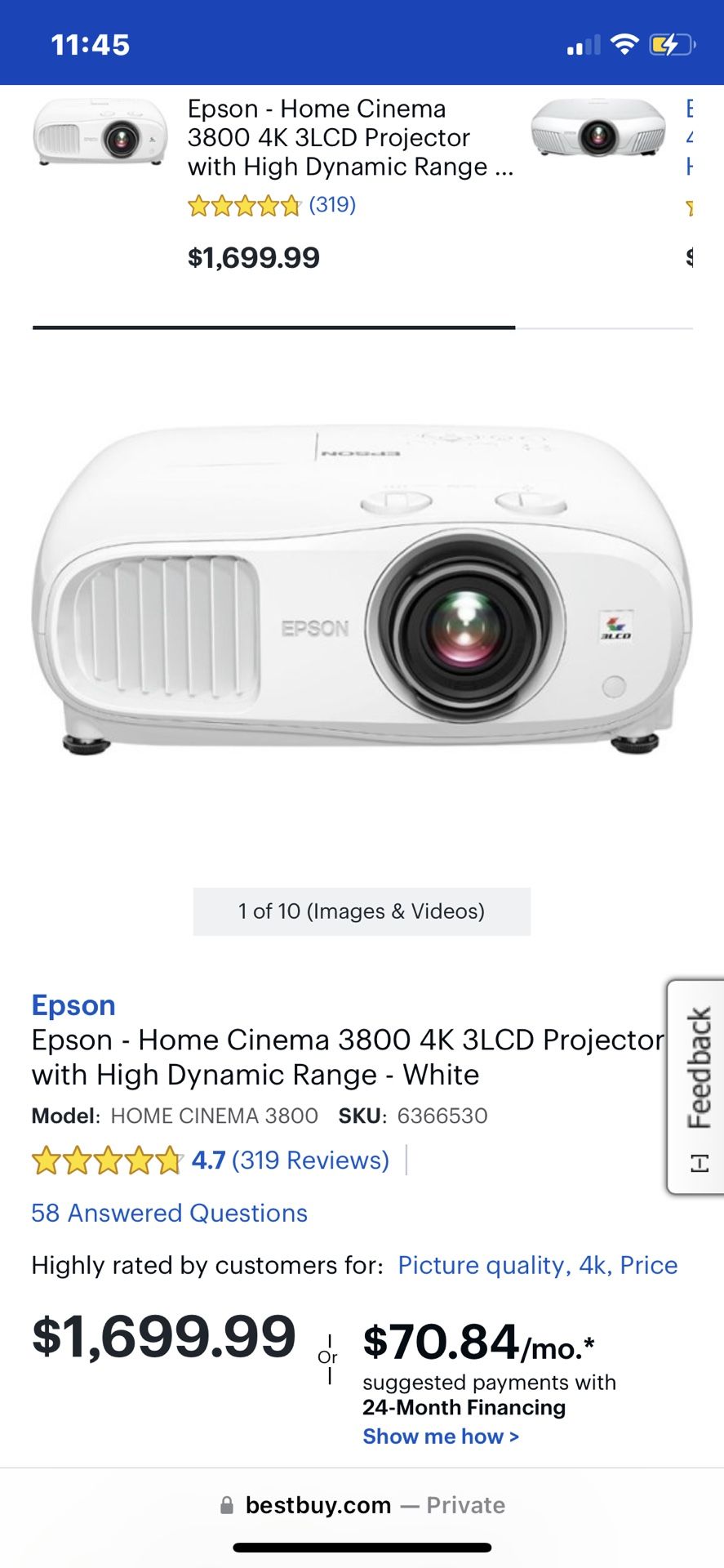 Epson Epson - Home Cinema 3800 4K 3LCD Projector with High Dynamic Range - White