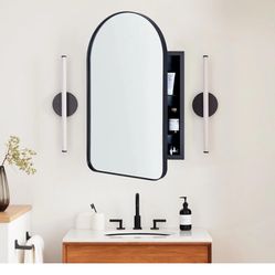 Matt Black Arched Recessed Bathroom Medicine Cabinet with Mirror Stainless Steel Metal Framed Rectangular Bathroom Cabinet with