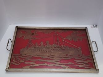 Serving Tray Display with Wooden Carved Ocean Liner
