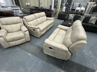 Reclining Cream Sofa, Loveseat, And Recliner Living Room Set 