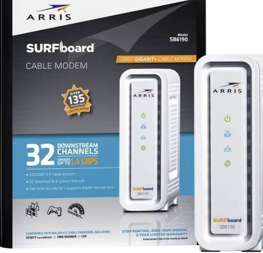 Arris SURFboard SB6190 Docsis 3.0 Cable Modem, 1.4 Gbps Download Speeds, White