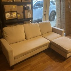 Pre-assembled Beige Corduroy L-Shaped Sectional Sofa With Ottoman - Brand New