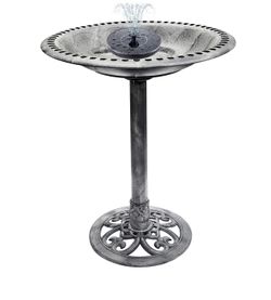 Solar Bird Bath with Pump – 28in Stone Gray Garden Fountain, Vintage Decor, Halloween Night
