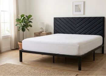Black Metal Bed Frame with Upholstered Headboard and mattress