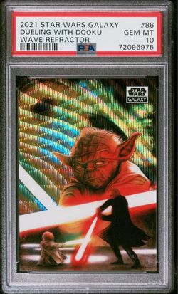 2021 TOPPS CHROME STAR WARS GALAXY #86 DUELING WITH DOOKU WAVE REFRACTOR /99 PSA 10