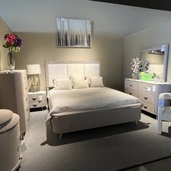 Grey King Bed, Dresser, Mirror And One Nightstand