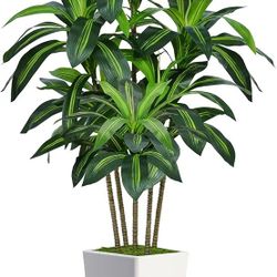 6FT Artificial Dracaena Tree, Fake Tree Indoor with White Tall Planter,Tall Artificial Plants Indoor,Artificial Silk Tree for Home Office Decor,Housew