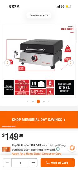 Nexgrill 1-Burner Propane Gas Table Top Griddle