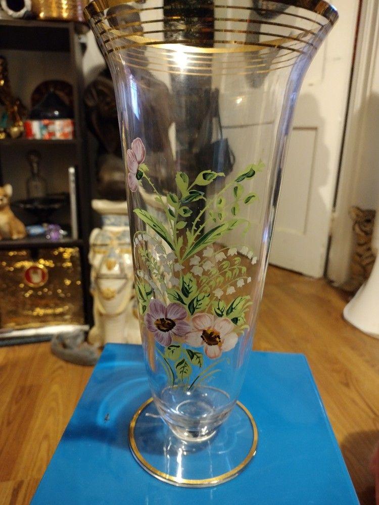 Trumpet Glass Vase With Flowers And Gold Trim