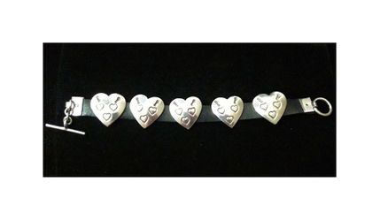 7.75" Sterling Silver & Leather Arrows & Hearts Concho Bracelet with Toggle Clasp. Made in Mexico, Taxco, signed