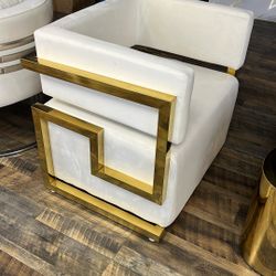 Luxurious White Fabric And Gold Accents Armchair