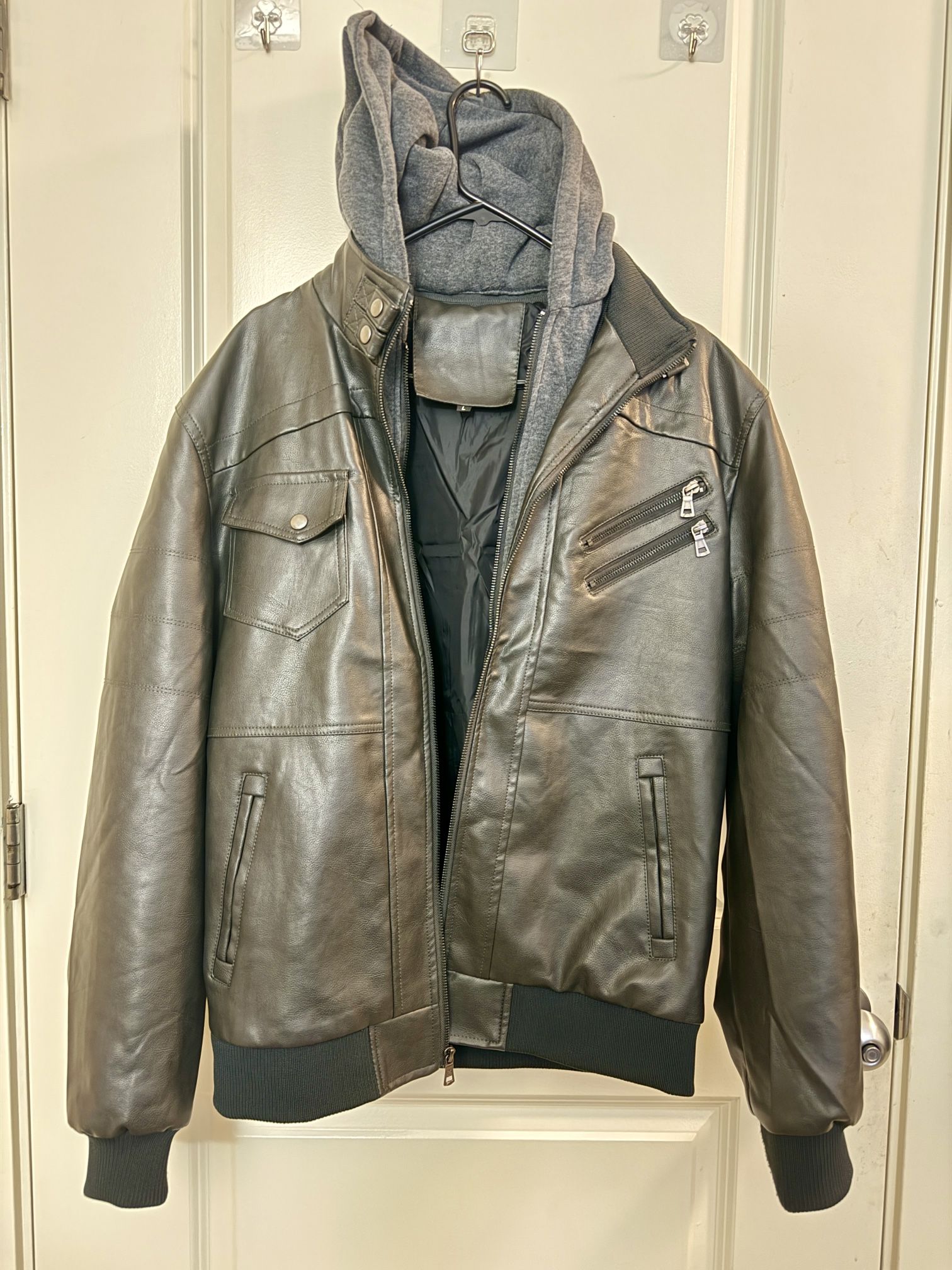 Faux Leather Jacket, Men’s Size L, with Detachable Hoodie