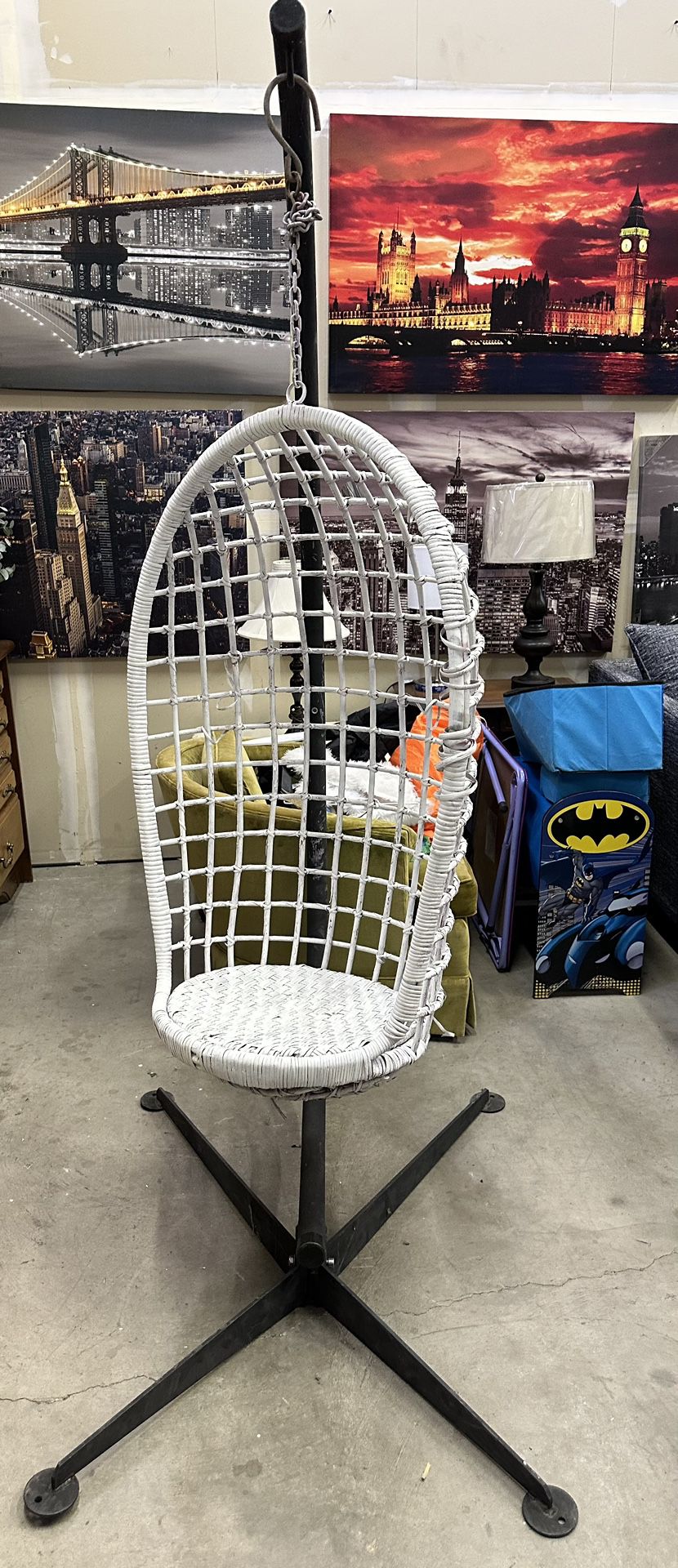 Vintage Mid Century Modern Wicker Rattan Hanging Basket Chair & Stand