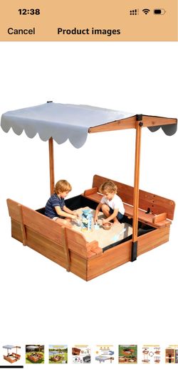 Wooden Sandbox with Canopy and Lid, with Foldable Bench for Backyard, Brown UV-Resistant Canopy, Adjustable Cover Design, Bottom Liner