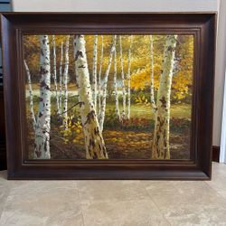Large Hand-Painted Oil on Canvas – Birch Forest – Solid Wood Frame (47×59)